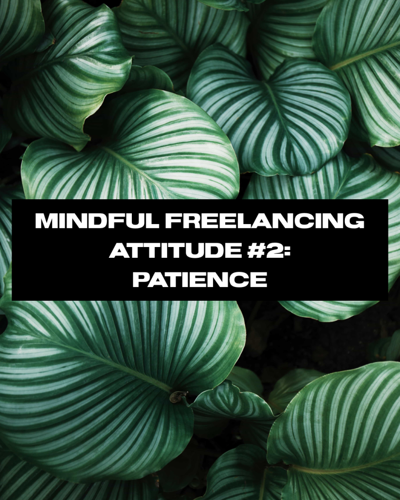 Green leaf fronds with text that reads :Mindful Freelancing Attitude #2: Patience